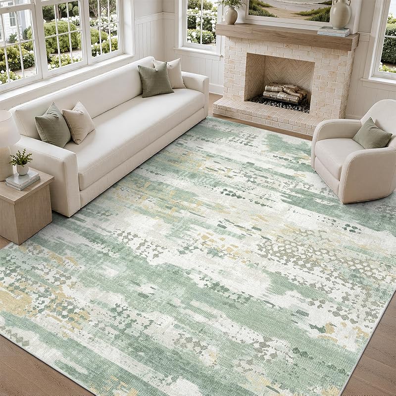 DCX Washable Abstract Area Rug 8x10 - Non-Slip, Sage Green, 1/4" Pile — Variation: Green & White+8' x 10' (Rectangular)