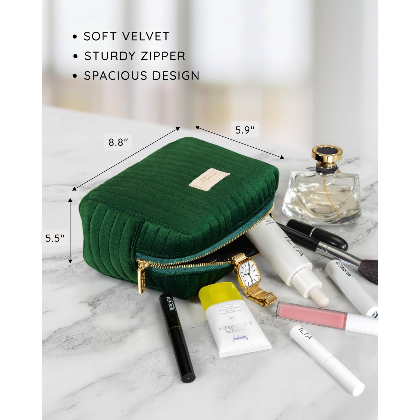 Benevolence LA Plush Velvet Large Makeup Bag for Travel | Cosmetic Pouch, Toiletry Organizer for Women, Large Capacity Bag for Accessories, Quilted Purse - Emerald Green