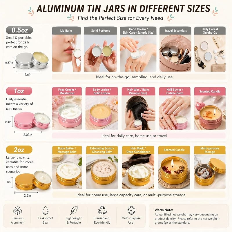 Multi-Color 0.5 oz Aluminum Lip Balm Tins with Screw Lids, Pack of 50