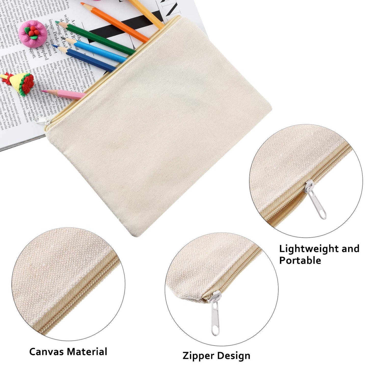 meekoo 16 Pack Canvas Blank Cosmetics Bags Plain Zipper Makeup Pouch Sublimation DIY Craft Multipurpose Toiletry Bag for Makeup Travel Cosmetic Stationary Storage(L,Beige)