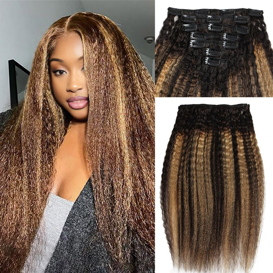 Boyusijf Kinky Straight Clip-in Hair Extensions - 100% Real Human Hair, 7Pcs, 100g Seamless, TP1B/27, 12 Inch for Black Women