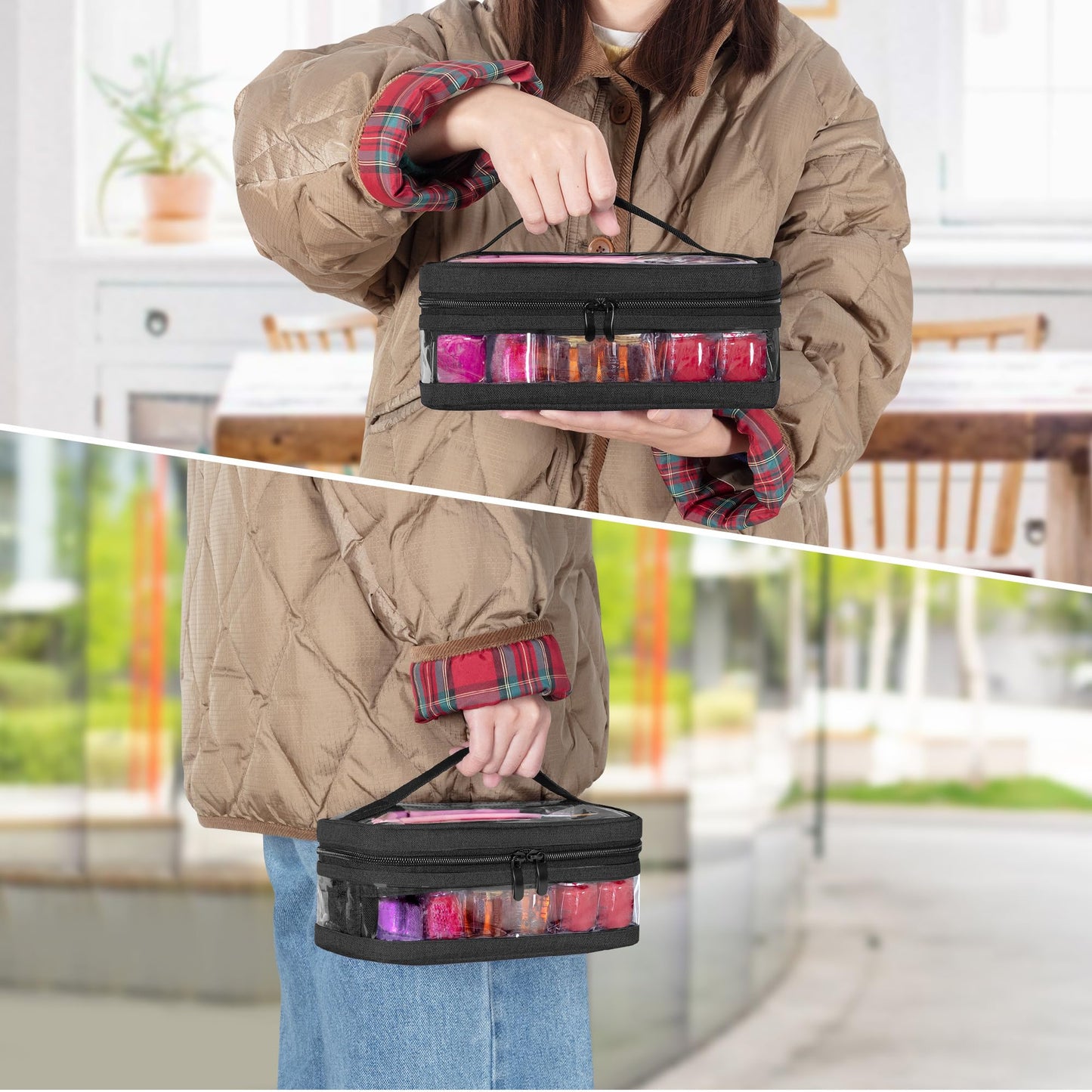 BAFASO Small Clear Nail Polish Organizer Case Holds 12 Bottles (15ml - 0.5 fl.oz), PVC Nail Polish Storage with a Removable Inner Pouch (Bag Only), Black (Patented)