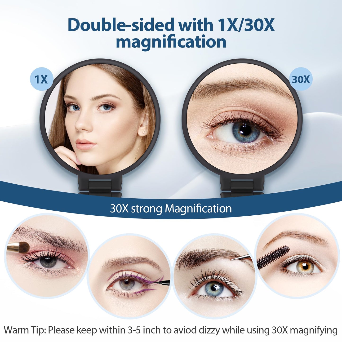 B Beauty Planet 30X Magnifying Mirror, Hand Mirror with Handle, Double Sided Hand Mirror with 30X/1X Magnification, Travel Essential Portable Foldable Makeup Mirror for Precision Makeup Black