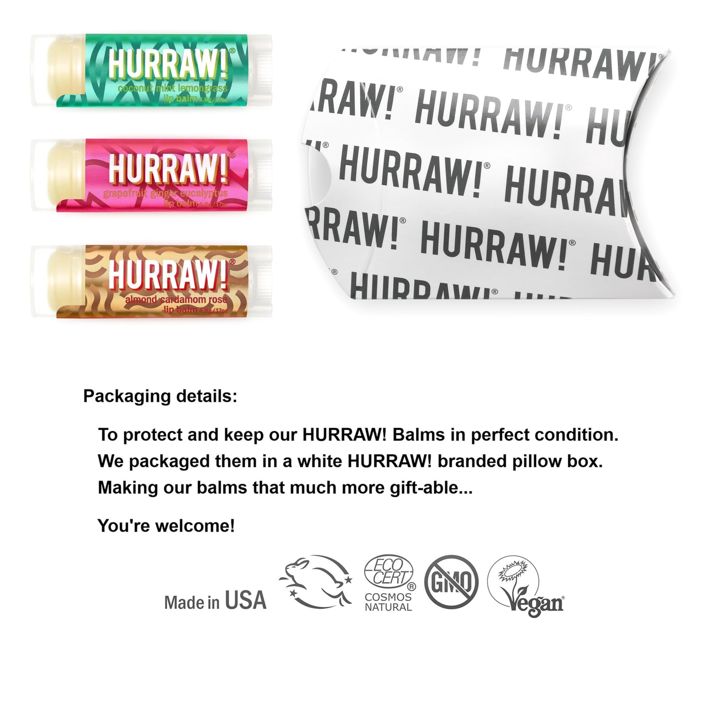 Hurraw! Pitta (Coconut, Mint, Lemon Grass), Kapha (Grapefruit, Ginger, Eucalyptus), Vata (Almond, Cardamon Rose) Lip Balms, 3 Pack Bundle: Organic, Certified Vegan, Cruelty, Gluten Free, 100% Natural