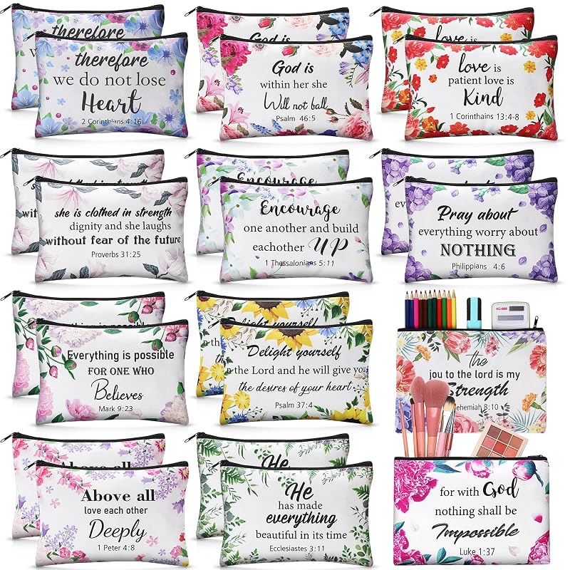 Florals Bible Verse Cosmetic Bag, 12 Styles - 9.5 x 6.7 Inches, Canvas with Zipper