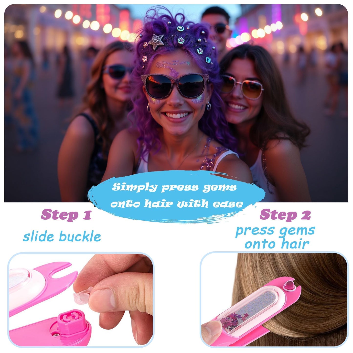 Hair Gem Stamper Kit with Reusable Bling Jewels & Washable Chalk - Girls Hair Styling Toys, Creative DIY Accessories, Birthday Gifts for Ages 5-12 (Light Hair Friendly)