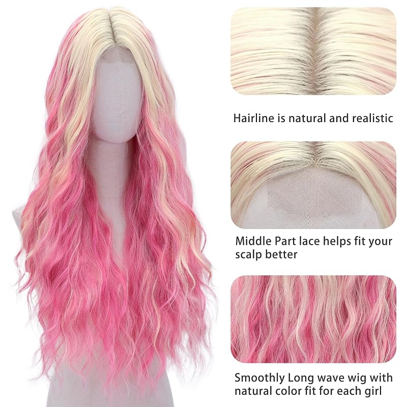 Pink Blonde 28 Inch Wavy Lace Front Wig - Long Synthetic Hair for Women, Variation: Pink Blonde+28 Inch