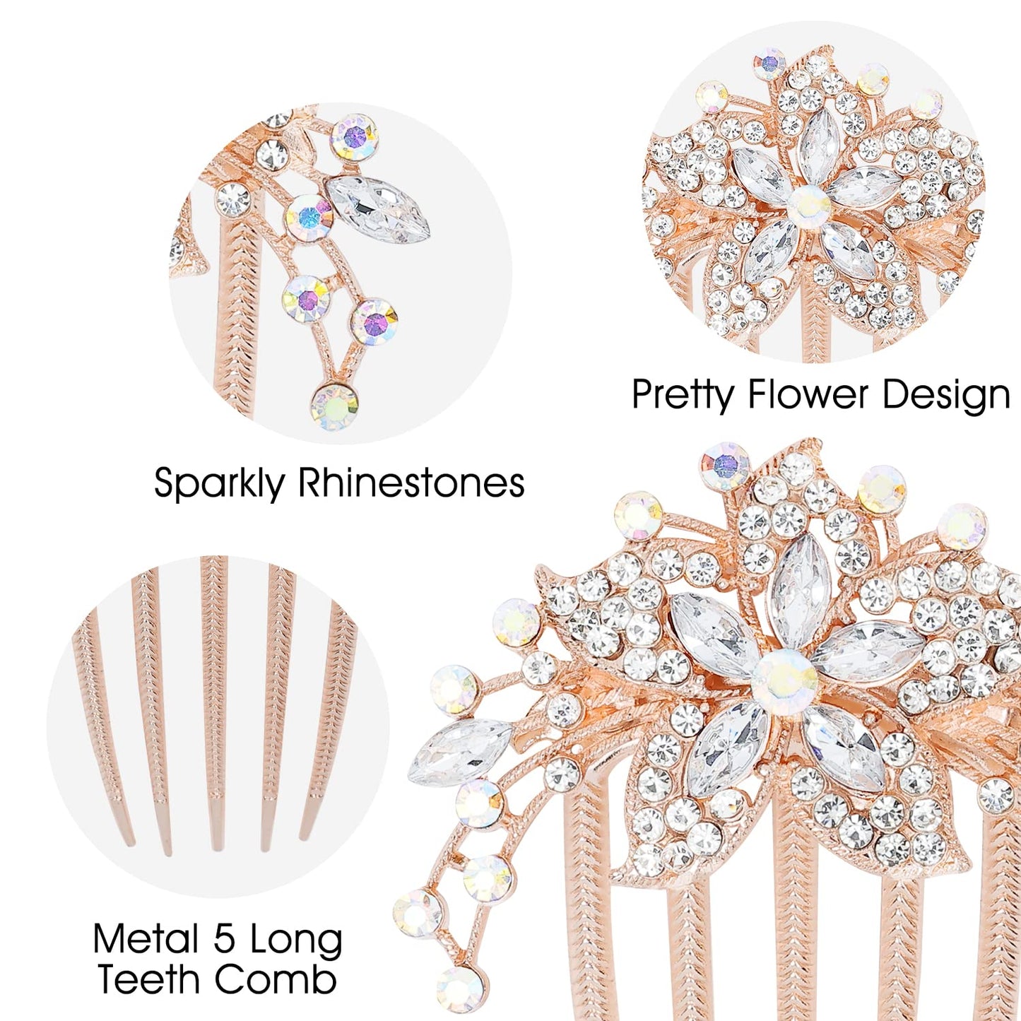 inSowni 6 Pack Luxury Glitter Sparkly Jeweled Gems Rhinestones Decorative Gold Metal Hair Side Combs Slides with Teeth Hair Bun Clips Updo Accessories Crystal Flower Hair Pin Barrettes for Women Girls
