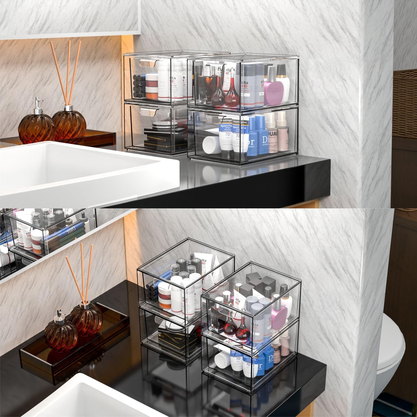 Cq acrylic Stackable Storage Drawers Set of 2,Under Cabinet Stackable Bins and Pull out Drawers Storage Container,4.4'' Tall Clear Plastic Organizer Bins for Makeup,Beauty Product,Machine Organizing