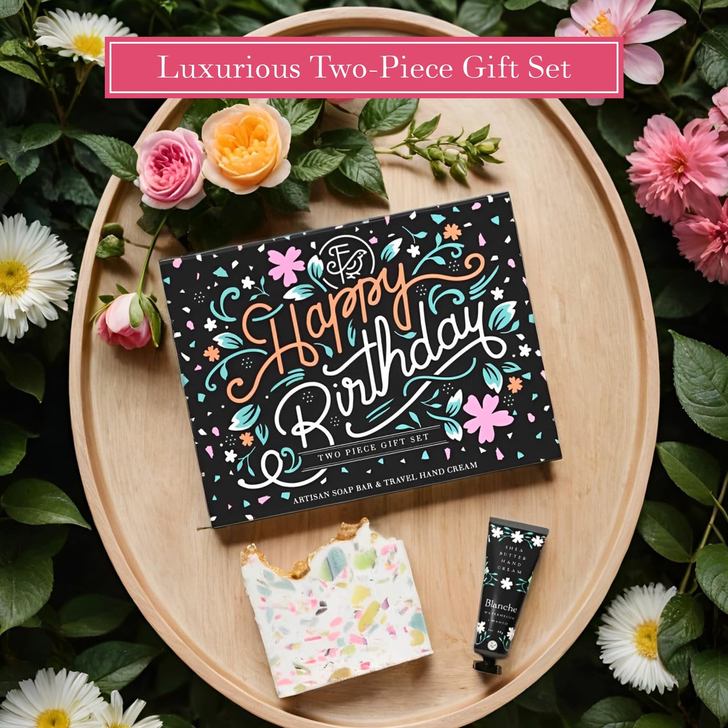 FinchBerry Happy Birthday 2 Piece Gift Set - Unique Birthday Gifts for Women: Mom, Sister, Wife, Girlfriend, Daughter, Friends & Family- Includes Blanche Bar Soap (4.5 oz) & Travel Hand Cream (1 oz)