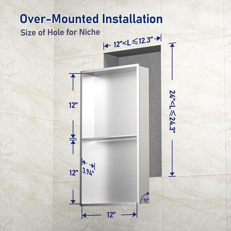 Brushed Stainless Steel Shower Niche 24" x 12" with 2-Tier Shelf (Variation: Brushed+24" x 12")