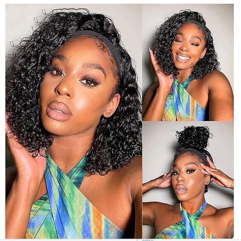 Deep Wave Headband Wig 10 Inch Human Hair curly wig natural black