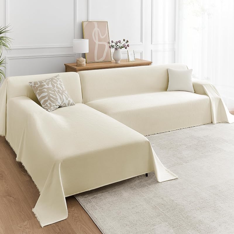 Beige XX-Large 2-Piece L-Shape Chenille Couch Cover Set for Sectional