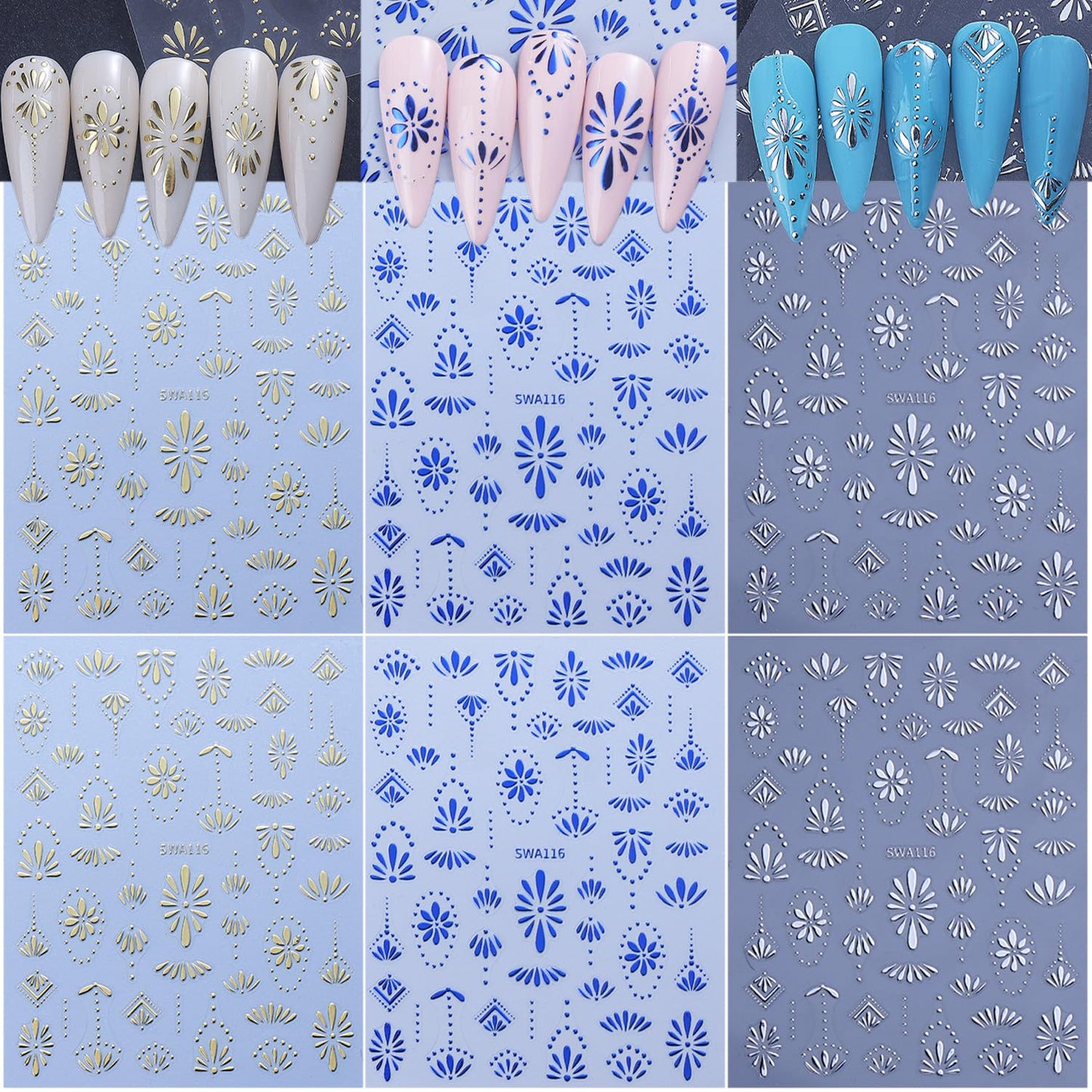 6 Sheets Bohemia Nail Stickers for Nail Art 3D Self-Adhesive Flower Nail Art Stickers Blue Silver Gold Flowers Nail Decals Bohemian Style Nail Design for Women DIY Nails Decoration Supplies