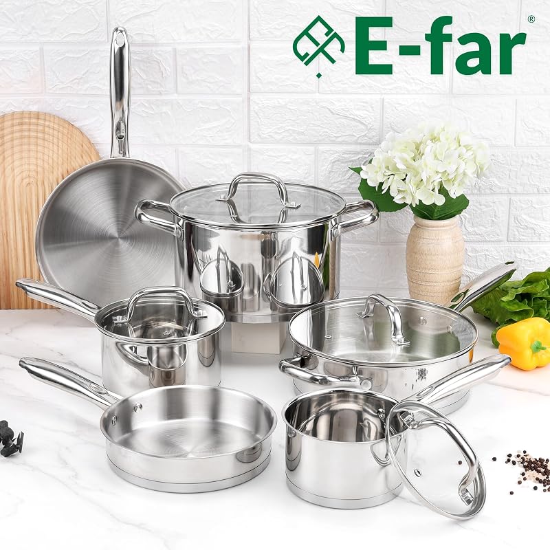 Stainless Steel 10-Piece Cookware Set - Induction Ready Pots & Pans, Oven Safe to 500°F