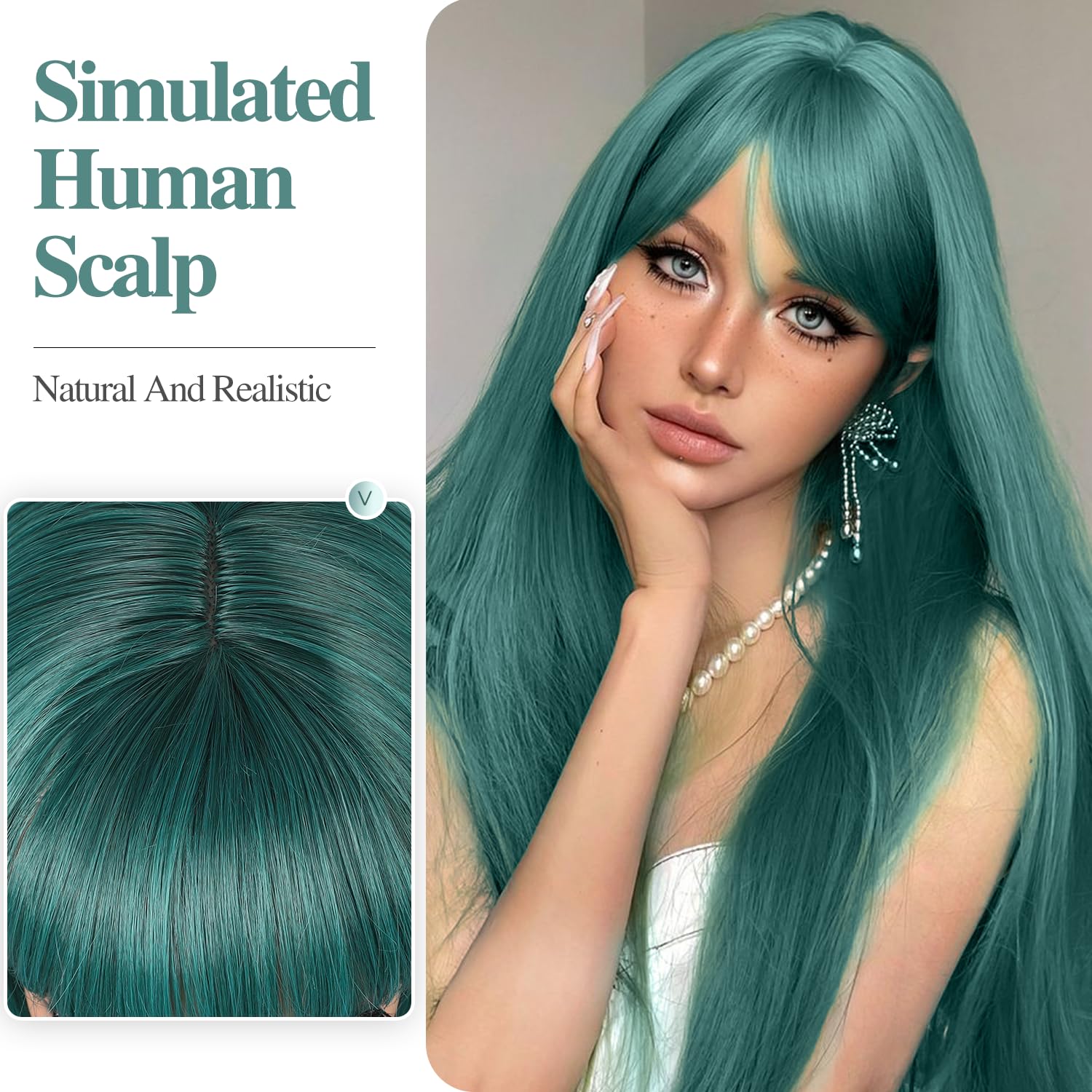 WIGER Long Green Wigs with Bangs Straight Dark Green Hair Wig for Women Long Bangs wig Full Green Cosplay Wig for Girls Synthetic Natural Hair for Daily or Costumes (Green with Bangs)