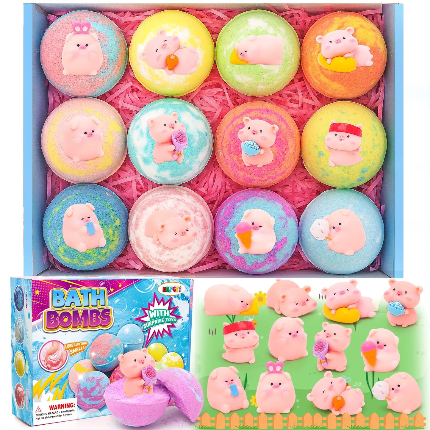HAPGFS Bath Bombs for Kids with Surprise Inside Kids Organic Bath Bombs Set with Pig Toys Inside for Girls Boys Ideal Christmas Birthday Easter Gift
