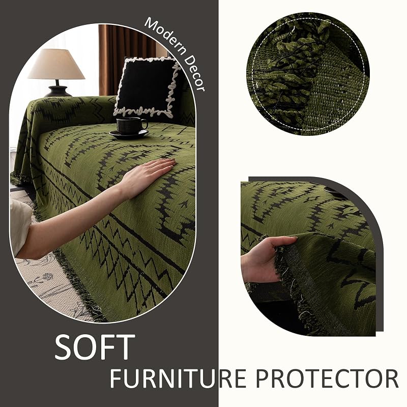 Bohemian Green Couch Cover for 3 Cushion Sofa, Non-Slip Chenille Protector 71"x150" - 3-4 Seater, 71x150, Variation: Boho:green+71" X 150"
