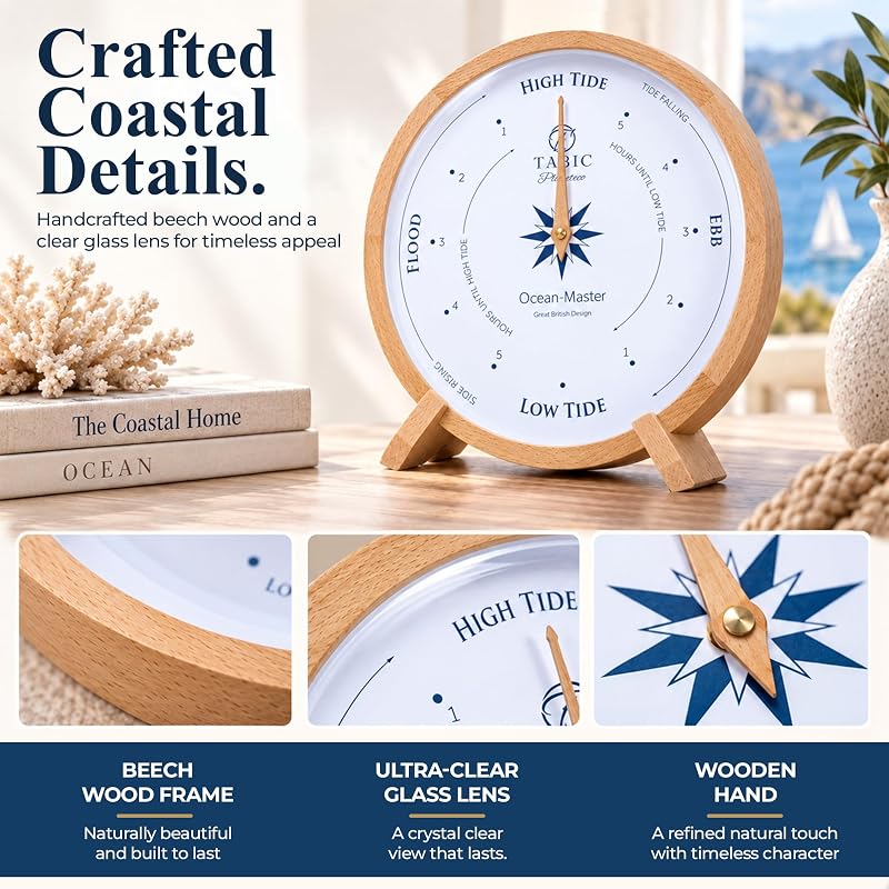 Ocean Master Tide Clock - Handcrafted Beech Wall Clock with Tide Display