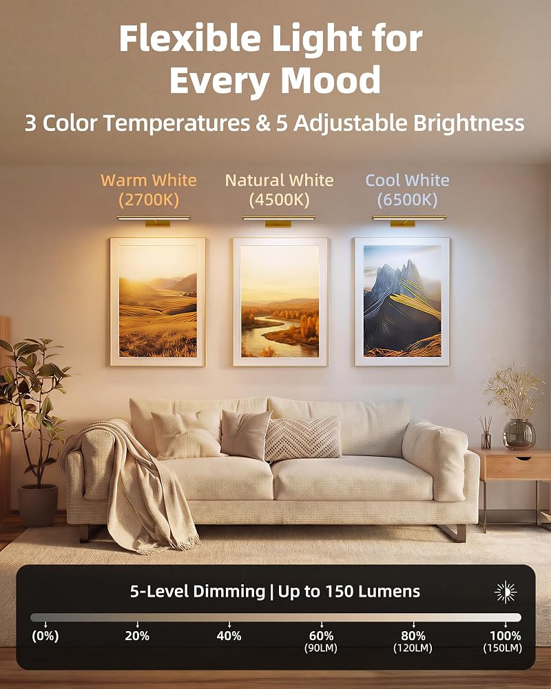 EZVALO 16'' Picture Lights, 4-Pack Rechargeable Wall Art Lights in Gold, 4800mAh Battery
