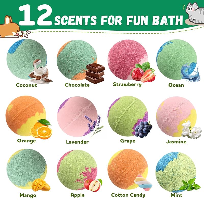 Bath Bombs for Kids with Toys Inside - 12 Pack Cat & Dog Gift Set