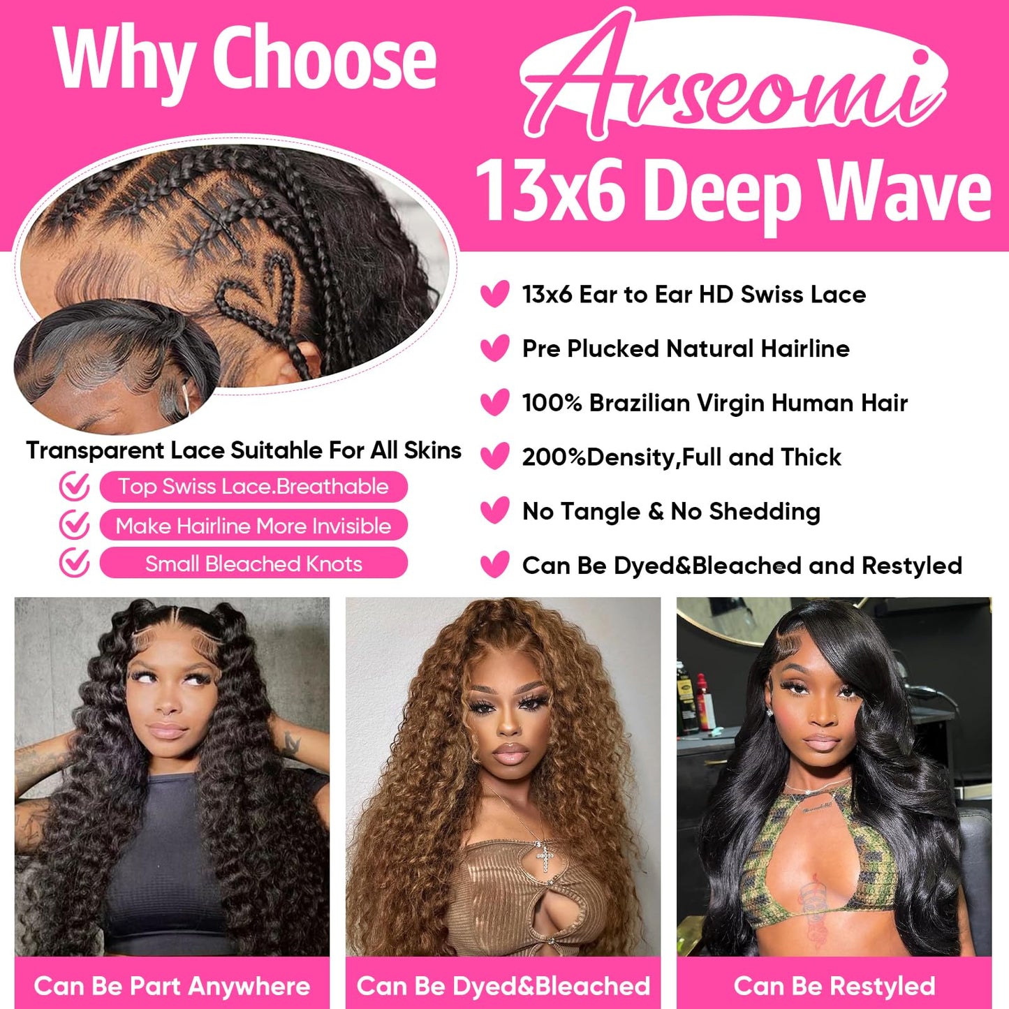 Arseomi Deep Wave Wigs Human Hair 200 Density 13x6 HD Lace Frontal Wigs Human Hair Pre Plucked Bob Wig Short Curly Lace Front Wigs for Women (10 Inch)