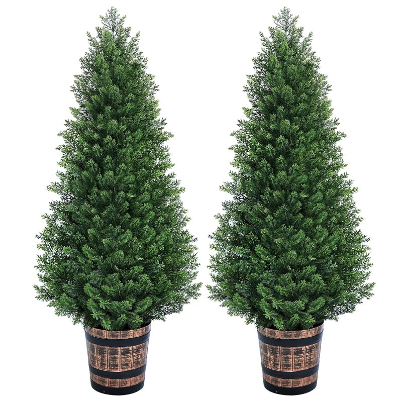 4FT Set of Artificial Cedar Topiary Trees in Barrel Planter – Outdoor/Indoor Faux Pine Shrubs