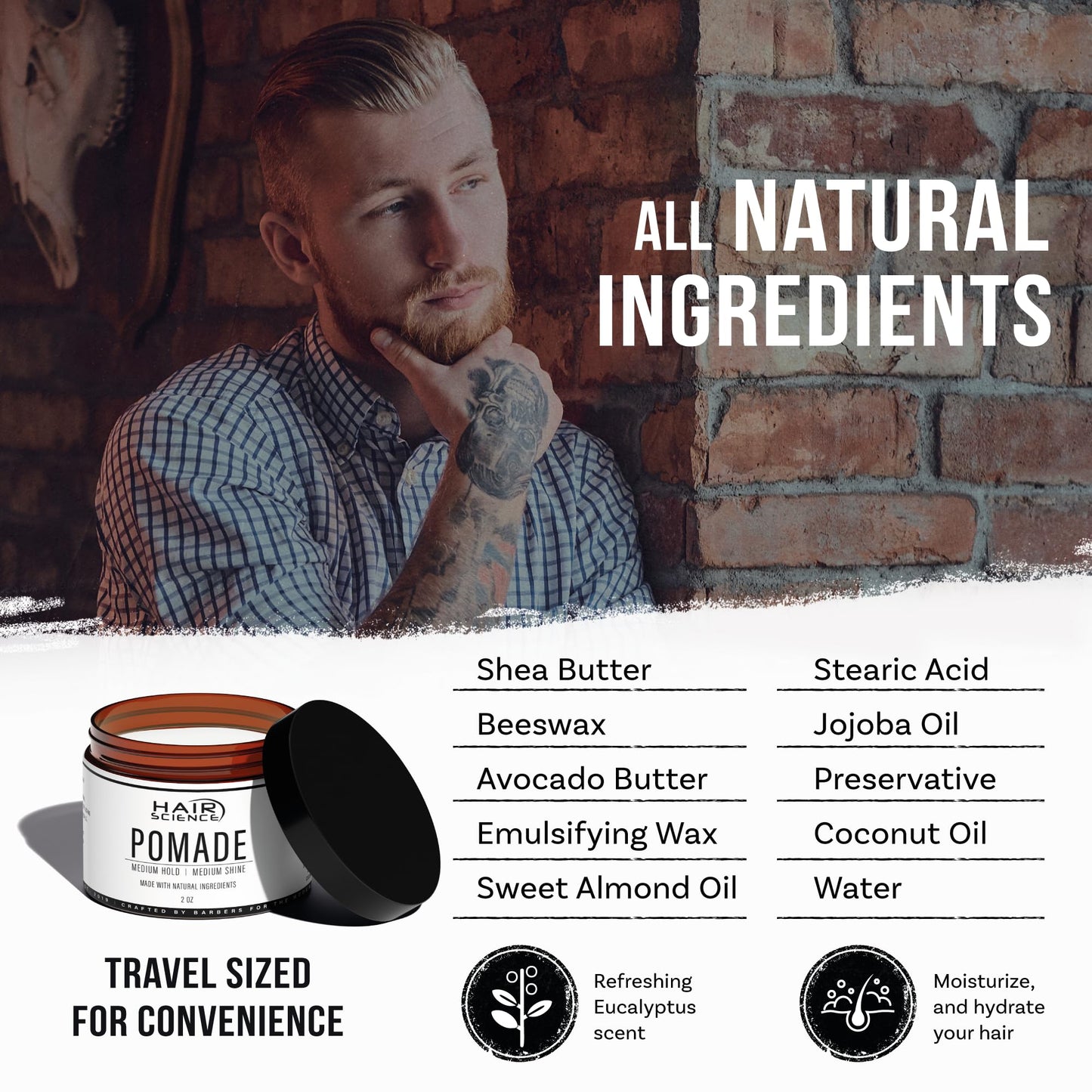 Hair Science - Premium, Organic, Water Based Pomade for Men & Women, Medium Hold, Professional Barber Formulation, Perfect for Curly, Wavy, & Short Hair Styling, Eucalyptus Scent, Travel Size (2 Oz)
