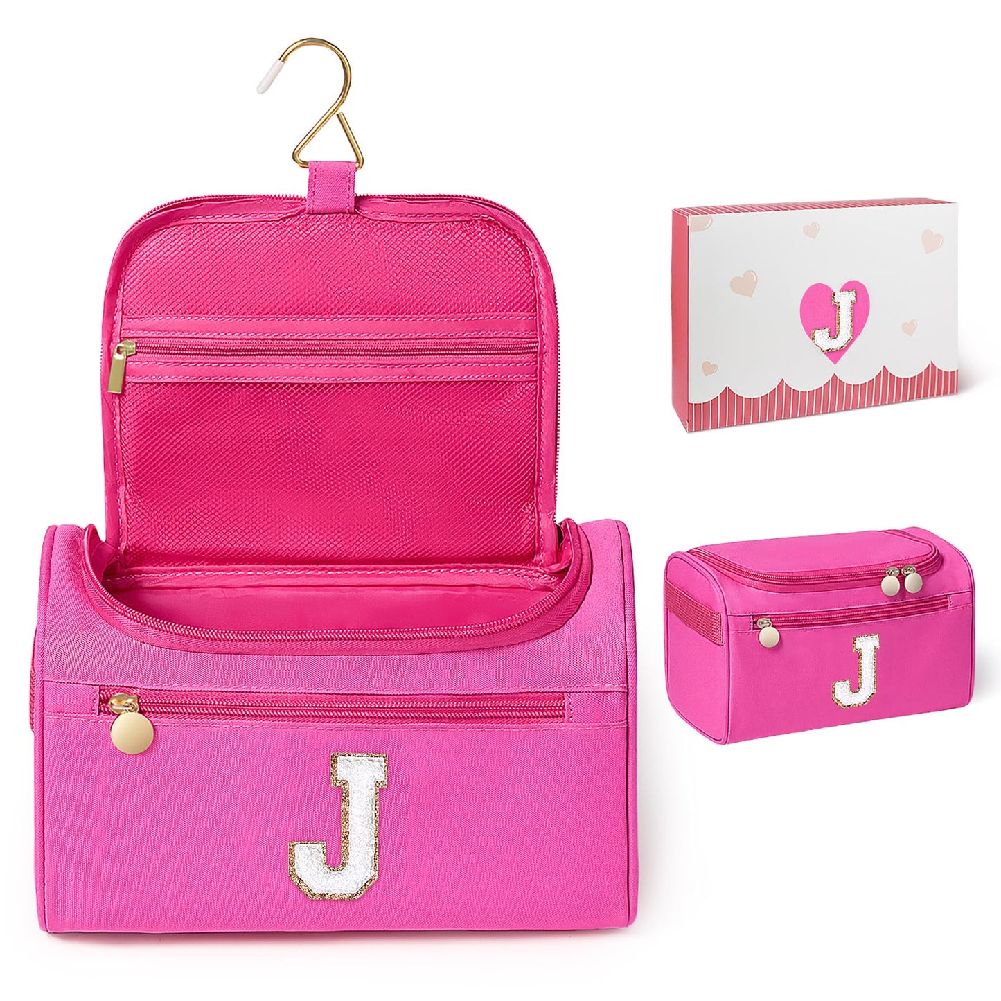 COSHAYSOO Cool First Communion Confirmation Gifts Baptism Dance Recital Trip Favor Gifts for Women Teen Girls Travel, Monogrammed Initial Hanging Toiletry Bag Waterproof Toiletries Hot Pink Letter J