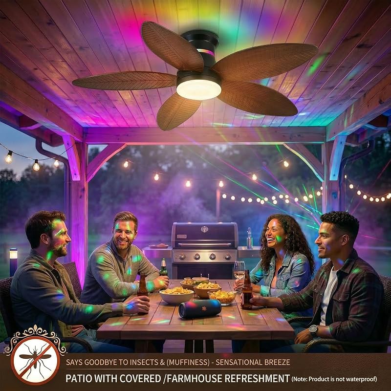 Brown Palm Leaf 46in Ceiling Fan with Lights, RGB Side Light, 6-Speed DC Motor, Remote & 3CCT Dimmable LED, Quiet Flush Mount - Variation: Brown-Palm Leaf+46in