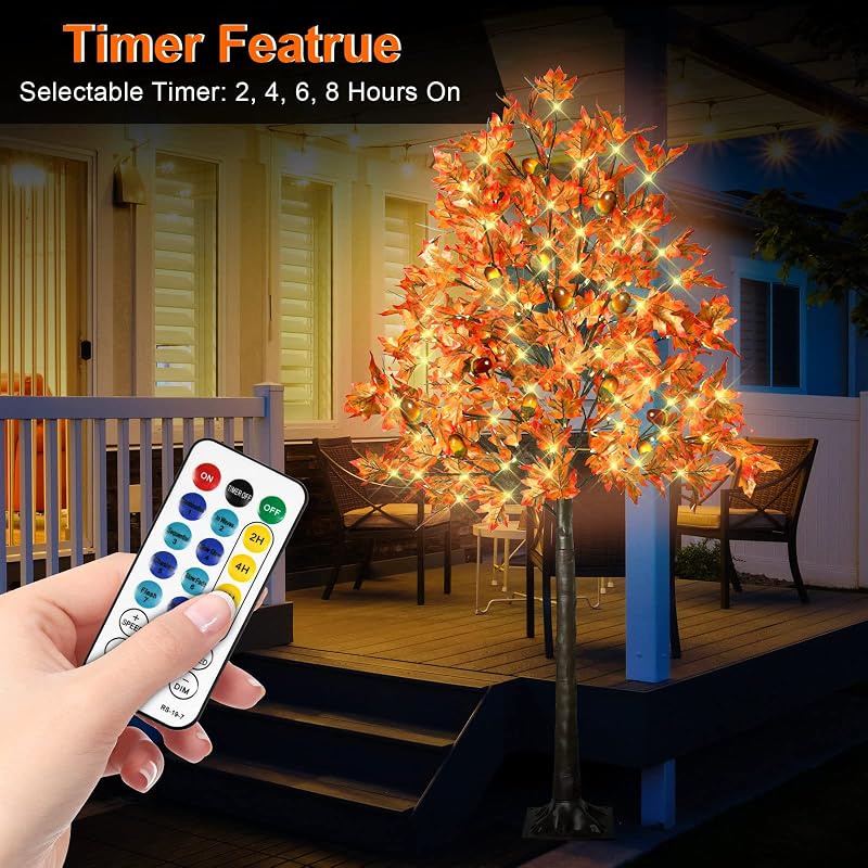 6FT 130 LED Lighted Maple Tree with 13 Branches, 260 Leaves, 13 Acorns - Remote, 8 Modes, Timer, Outdoor Autumn Decor (Variation: 6ft-130led-1pack)