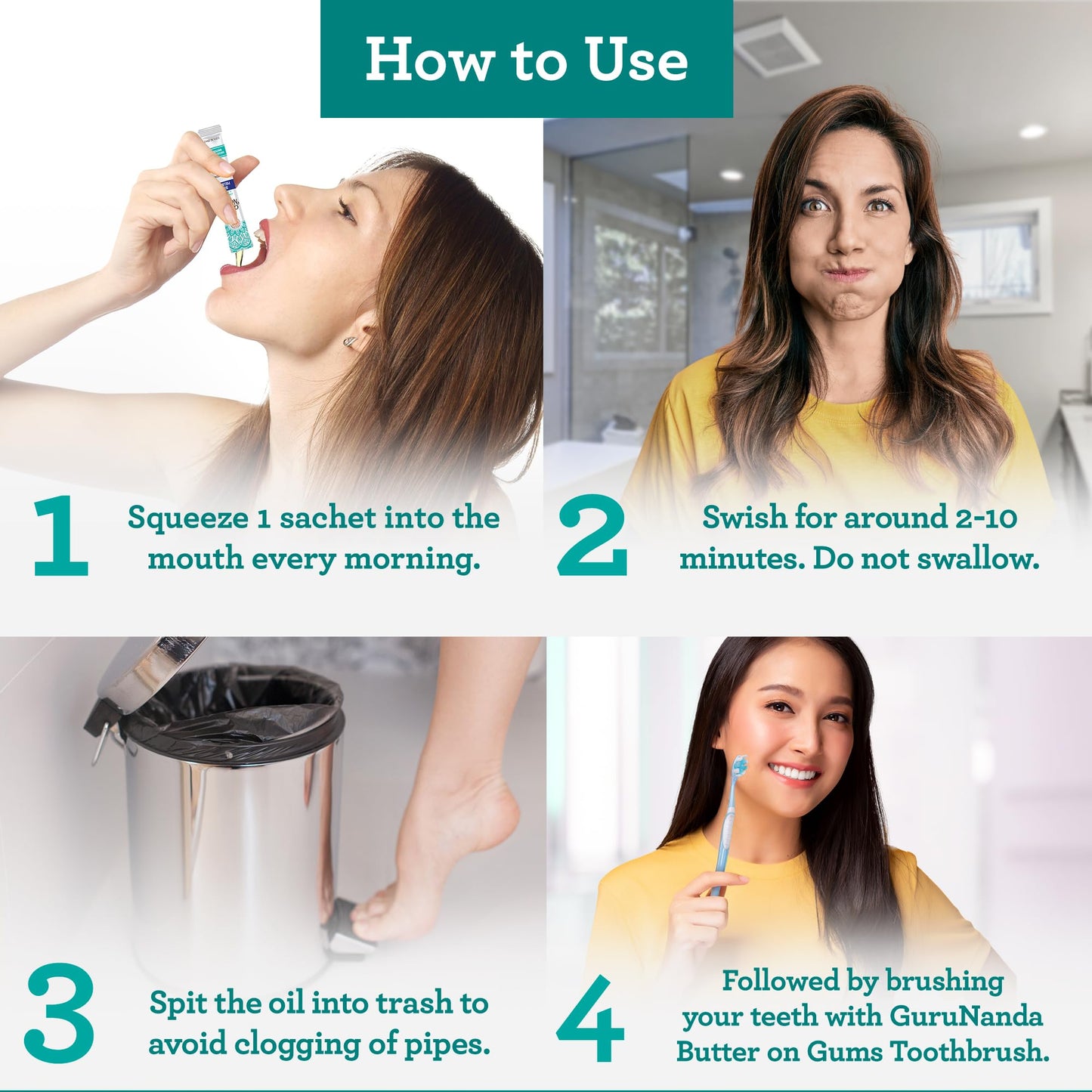 GuruNanda Travel Sachets Coconut Oil Pulling, Fresh Breath Mouthwash, 7 Essential Oils & Vitamins for Happy Teeth & Gums, 7 Sachets