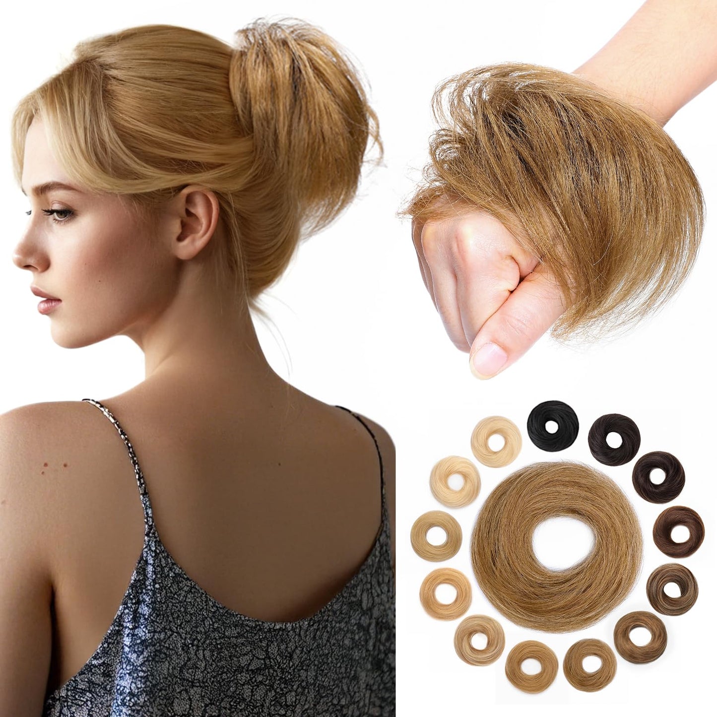 Hairro Human Hair Messy Bun, 100% Real Ponytail Hair Scrunchies, Natural Curly Chignon Fluffy Donut Updo, Hairpiece with Elastic Rubber Band for Women, 1 Count Golden Brown Straight