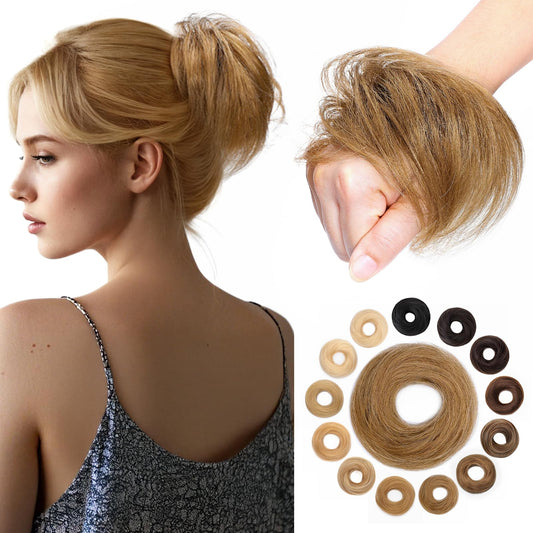 Hairro Human Hair Messy Bun, 100% Real Ponytail Hair Scrunchies, Natural Curly Chignon Fluffy Donut Updo, Hairpiece with Elastic Rubber Band for Women, 1 Count Golden Brown Straight