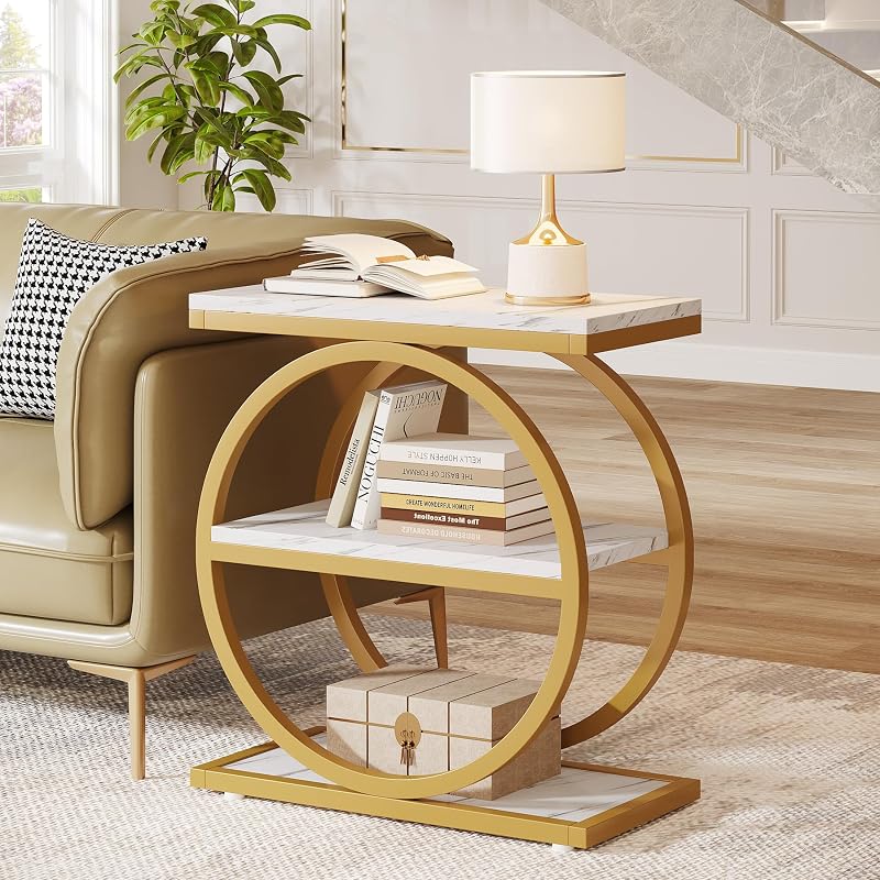 Tribesigns End Table with Storage Shelves - 3-Tier Slim Nightstand, Industrial White & Gold