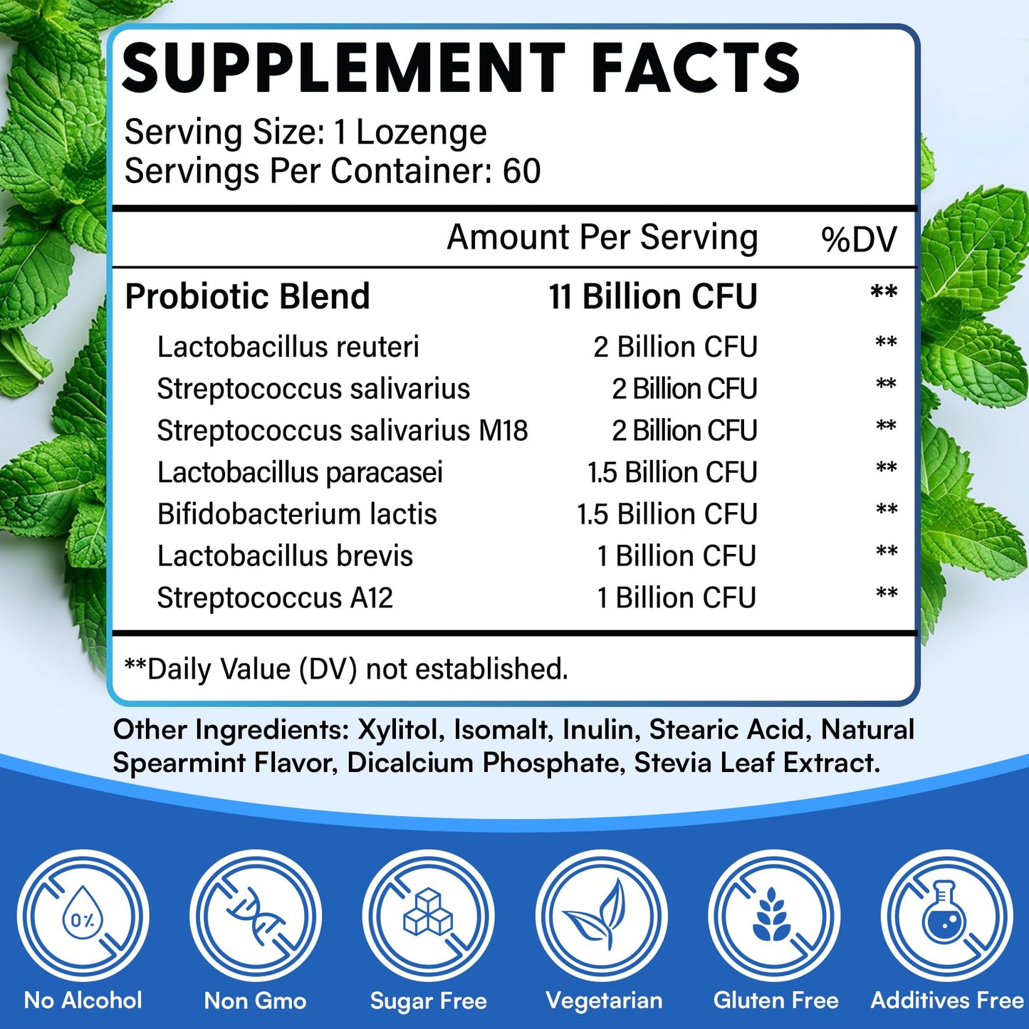 Oral Probiotics, 11 Billion CFU, with M18, A12, Oral Probiotics for Mouth Bad Breath for adults, Dry Mouth, Gum Health & Gum Restore, Chronic Halitosis, Fresh Breath, 60 Lozenges (Mint Flavor)