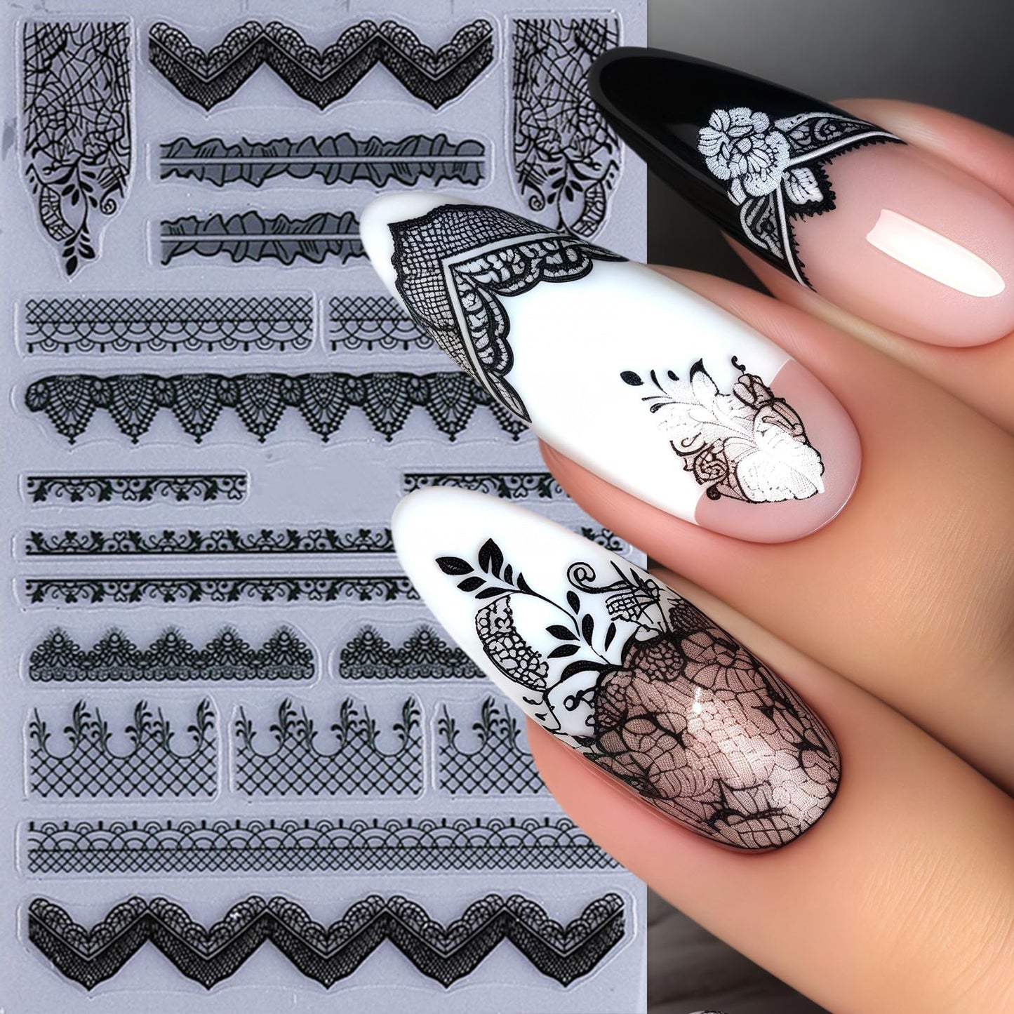 4 Sheets Lace Nail Art Stickers Black Flower Lace Nail Decals Self Adhesive 5D Micro Embossed Lace Flower French Tips Nail Designs Pegatinas Uñas Nail Supplies for Women DIY Acrylic Nails Decoration