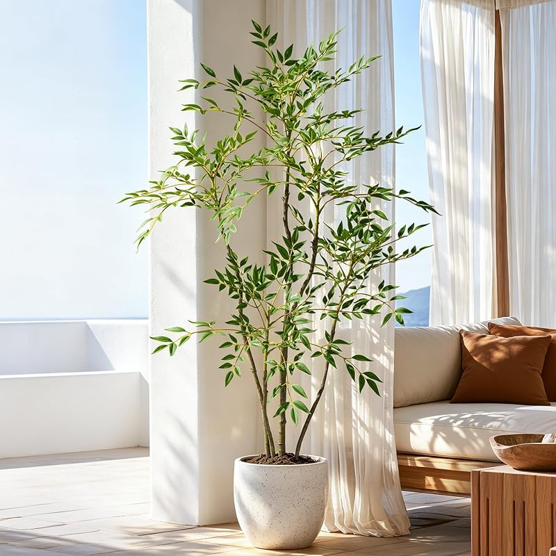 4.6ft Faux Bamboo Tree with 800+ Leaves in Cement Planter – Realistic Indoor Nandina Tree, Non-Toxic, Green Variation Included