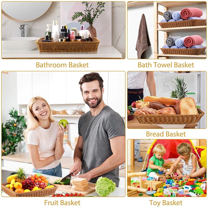 6 Pack 19-Inch Wicker Bread Baskets Set - Handwoven Polypropylene Rattan Serving Baskets
