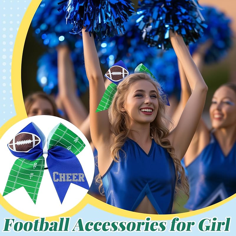 Blue Football Cheer Hair Bows 7" x20 Glitter Cheerleading Bows Variation: Blue
