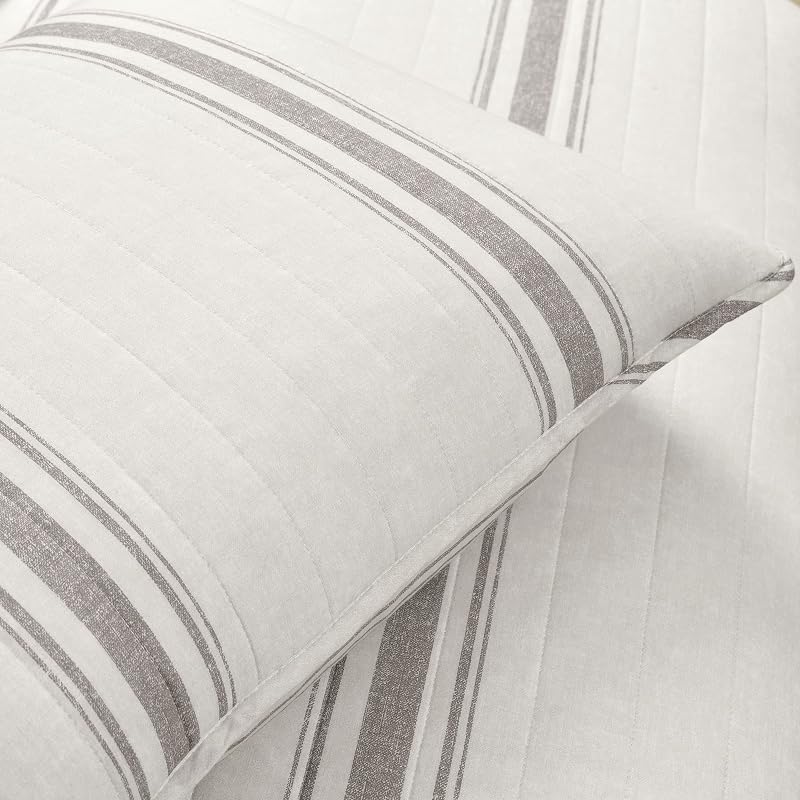 King Size Reversible Cotton Quilt Set - Farmhouse Gray Stripe 3 Piece (Gray + King)