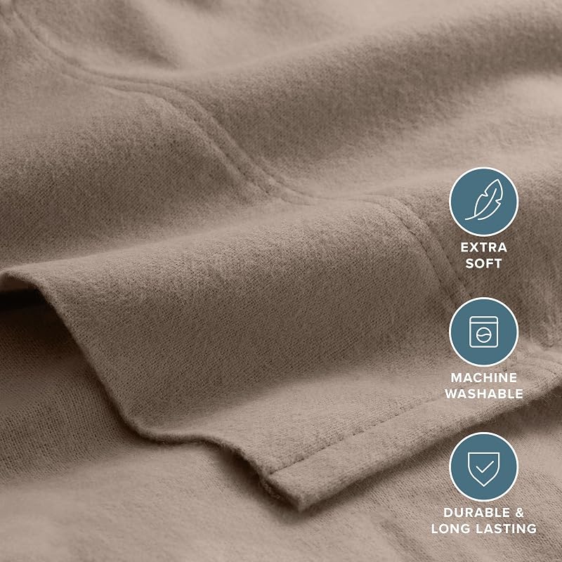 Bare Home 100% Cotton Flannel Sheet Set - Taupe, Split King (07) King Flat + 2 King Pillowcases
