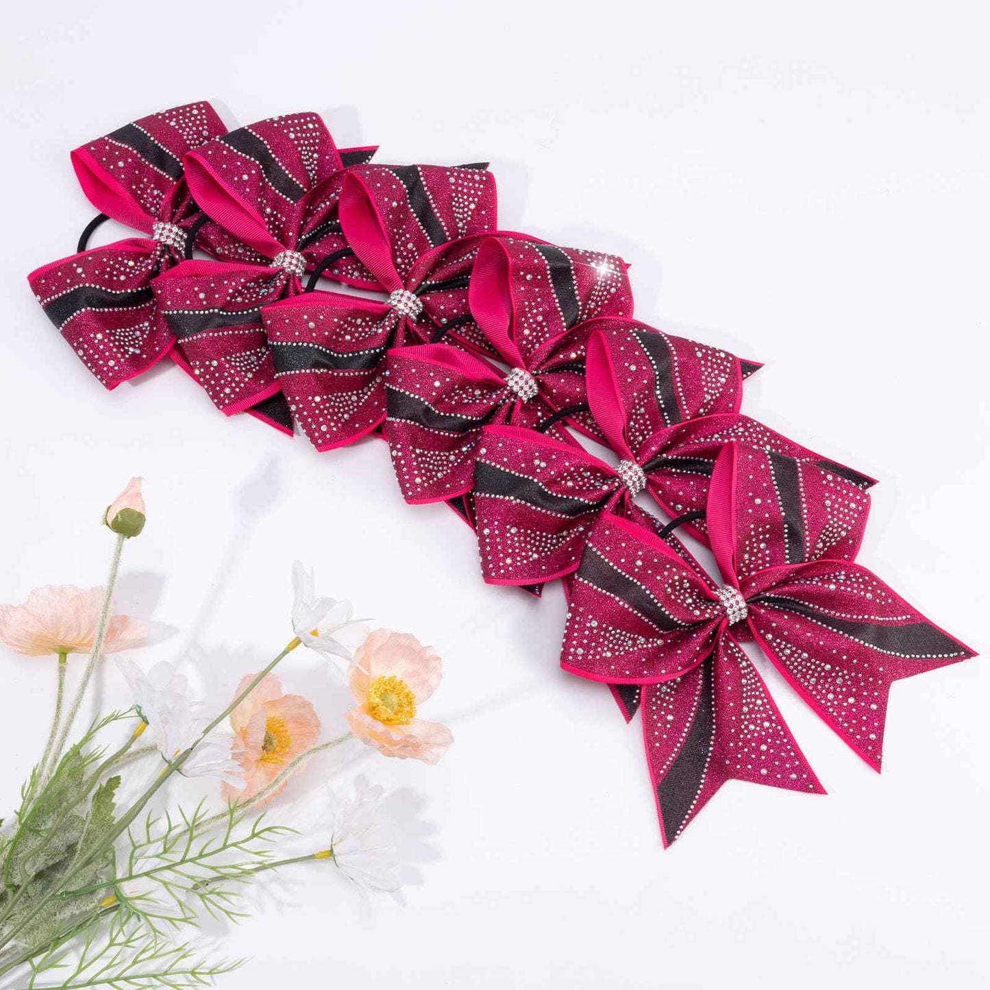 CN 6PCS Glitter Cheer Bows for Cheerleaders, Hot Pink Sparkly Large Hair Bows for Girls Cheerleading with Elastic Hair Ties，Cheer Hair Accessories for Softball Competition School Spirit