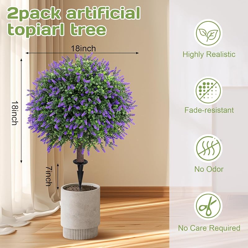 Lavender Topiary Ball Tree with Ground Spike – 25" Artificial Plant, Set of 2 (Variation: Lavender)
