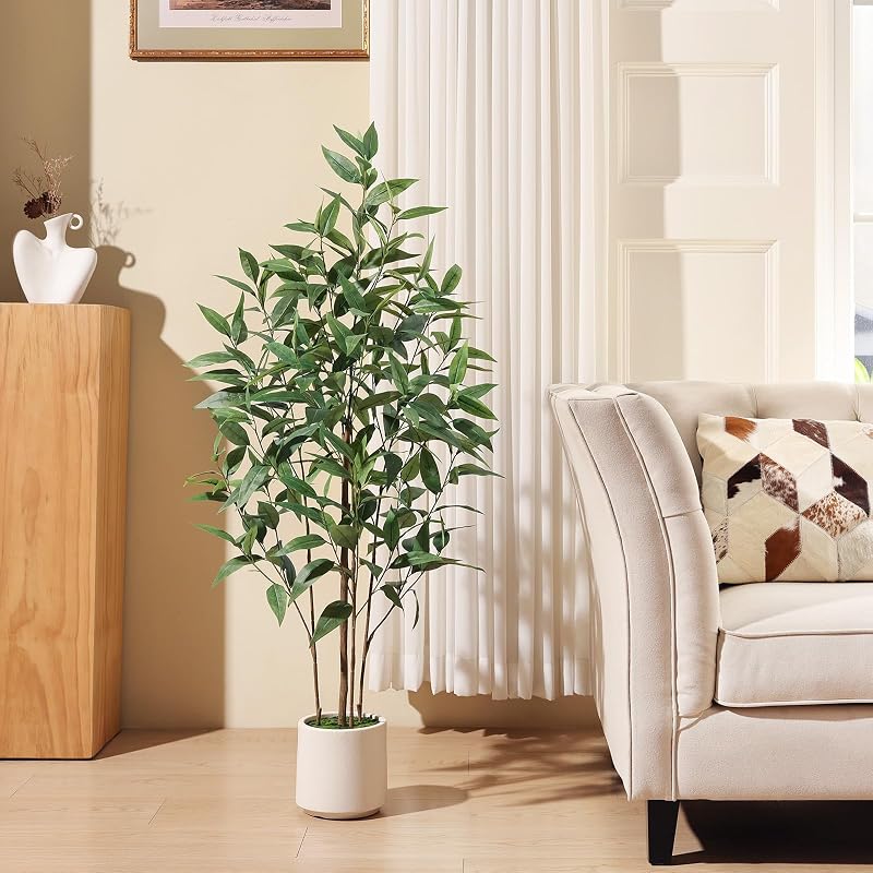 4Ft Artificial Eucalyptus Plant with White Planter - Multi-Trunk Fake Tree