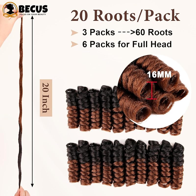 BECUS 20 Inch Jamaican Curly Crochet Hair Bundles, 3 Packs, Black Brown 1B/30 – 60 Roots