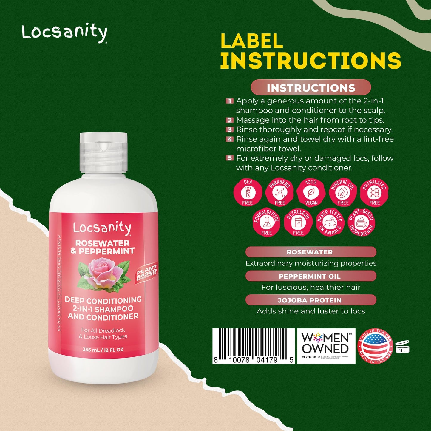Locsanity Rosewater Peppermint 2-in-1 Shampoo and Conditioner for All Types of Dreadlocks and Hairstyles – Moisturizing, Nourishing, and Hydrating Shampoo and Conditioner (12 fl oz)