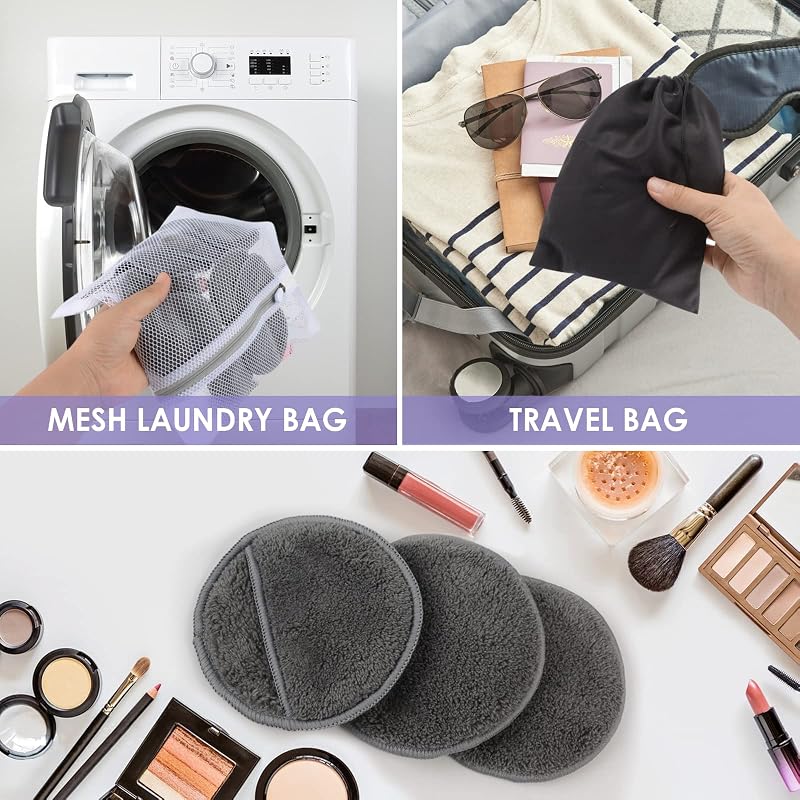 Sunland Reusable Makeup Remover Pads 3.15 Inch Round, 32 Pack with Travel & Laundry Bags - Grey