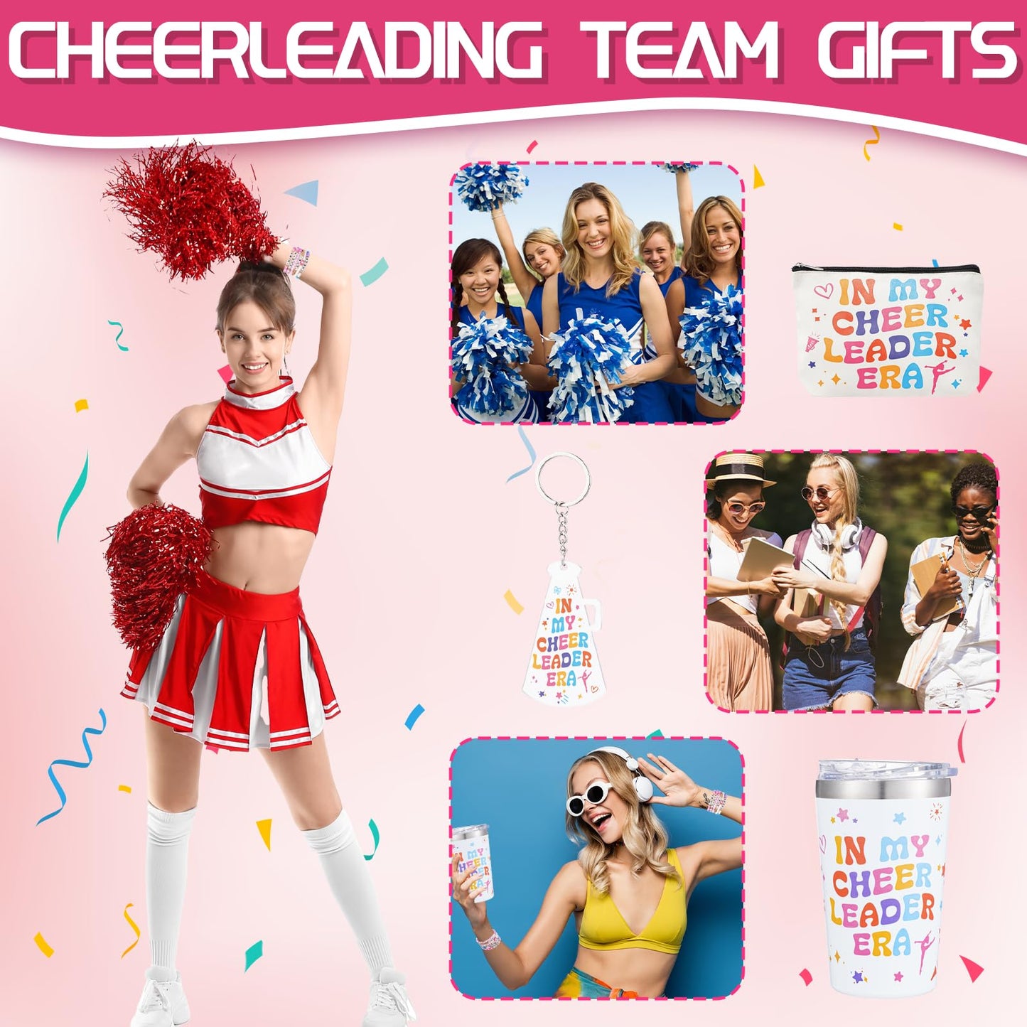 WGXX 5Pcs Cheerleader Gifts Set for Women Including 12oz Cheer Tumbler, Makeup Bags, 5 Cheerleading Bracelet, Stickers, Keychain for Cheer Team & Lovers
