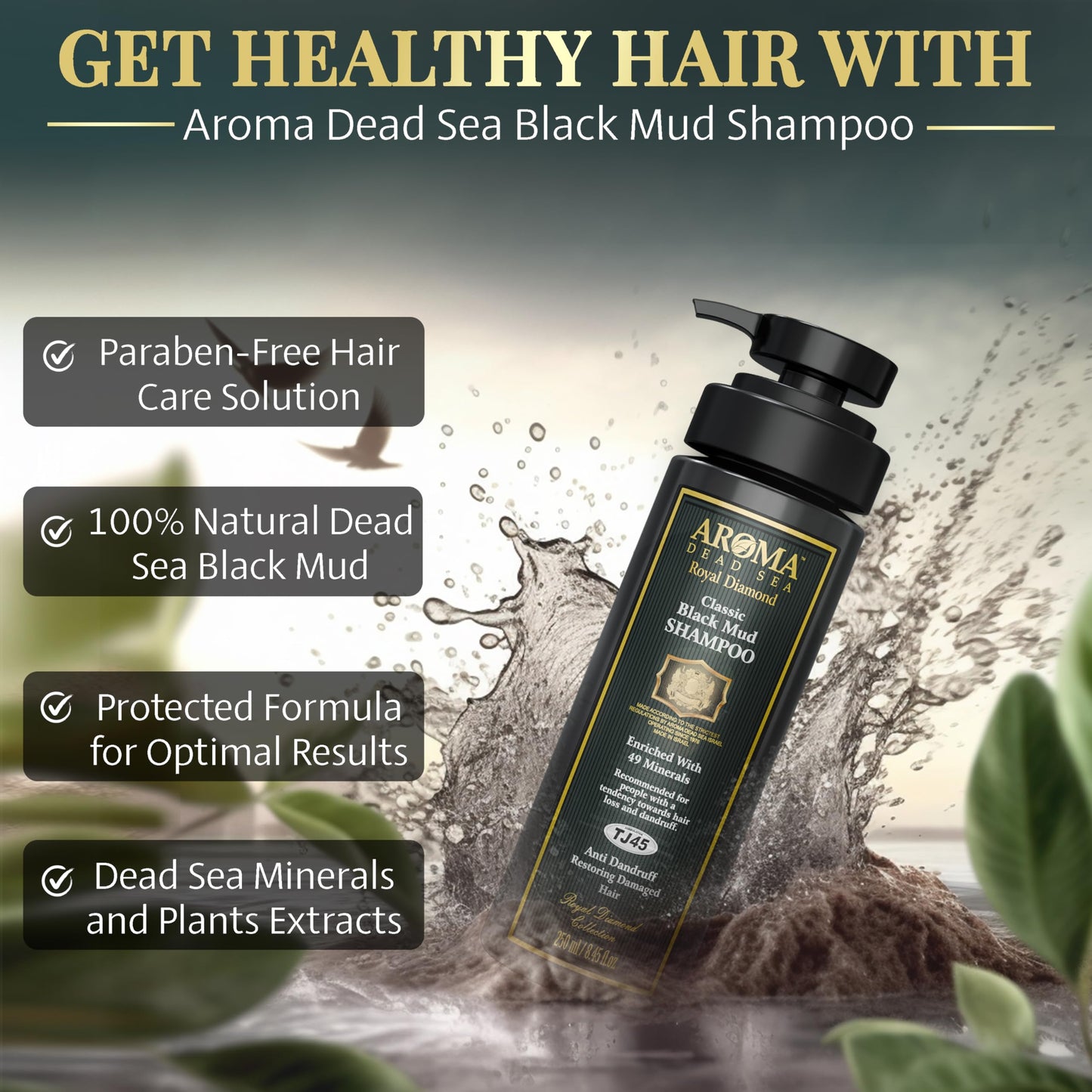 AROMA DEAD SEA Black Mud Shampoo - Fights Dandruff, Thinning Hair, Weak Roots & Itchy Scalp. Prevents Hair Loss & Encourages Growth. Ideal for Damaged Hair (8.45 fl.oz)